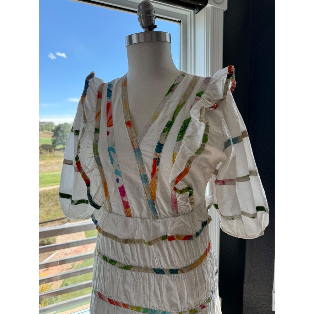 Farm Rio White Rainbow Ribbon Tiered Midi Dress V-Neck Ruffle Puff Sleeve Small